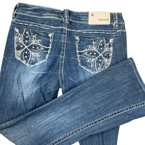 Grace in LA Jeans Women 9/28 Blue Low Bootcut Embellished Rhinestone Stretch